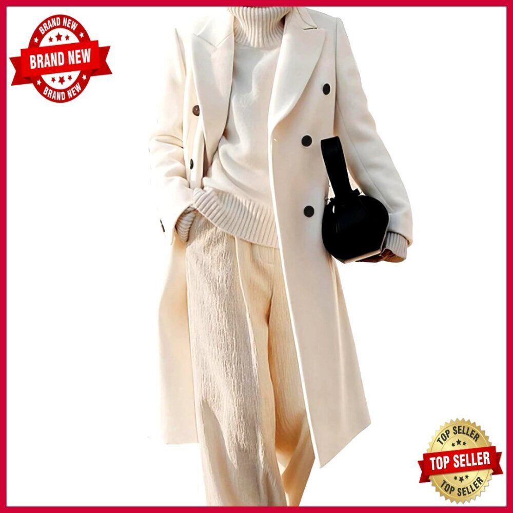 Wool Blend Trench Coat Double Breasted Long Sleeve Below Knee Overcoat